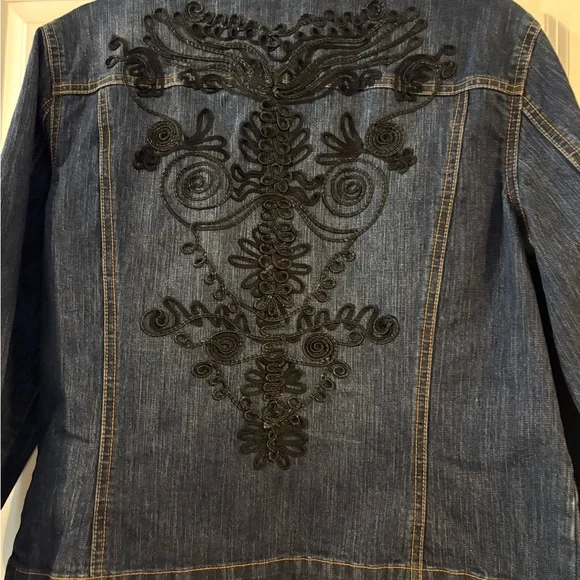 Chico's Blue and Black Embroidered Jean Jacket - Picture 3 of 5